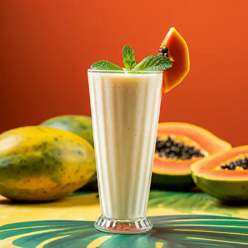 Heavenly Papaya Paradise Shake : A creamy, golden-orange papaya shake in a glass, topped with a papaya slice and a sprinkle of chia seeds.