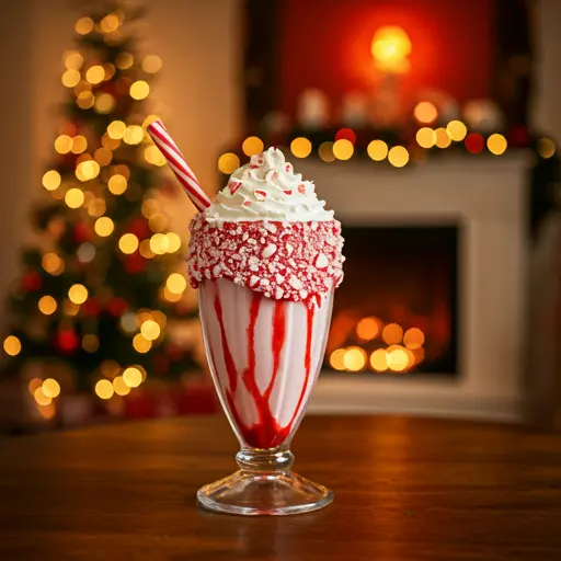 Holiday Bliss Peppermint Milkshake : A festive white milkshake in a glass, topped with whipped cream, crushed peppermint candies, and a small candy cane, exuding holiday cheer.