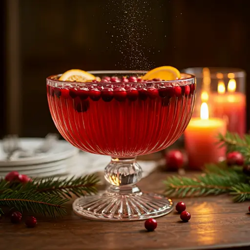 Holiday Cranberry Citrus Sparkler : A sparkling red drink in a glass, garnished with fresh cranberries, an orange slice, and a sprig of rosemary, exuding festive elegance and cheer.