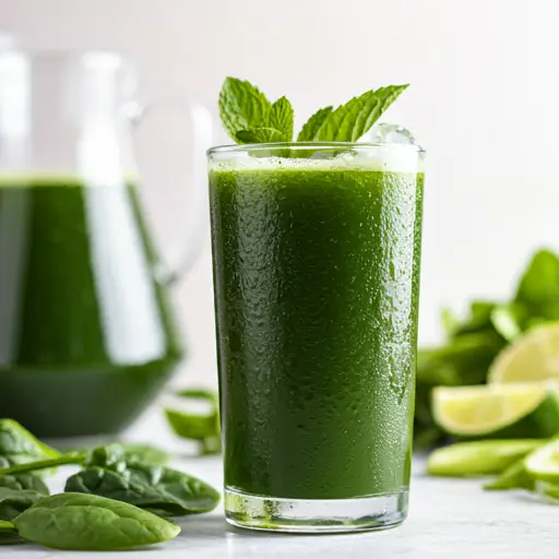 Minty Green Detox Elixir : A vibrant green juice in a glass, garnished with fresh mint leaves and a lime wedge, exuding detoxifying and refreshing vibes.