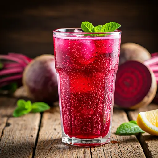 Radiant Beet Sparkle : A sparkling beet-infused drink with a vivid magenta hue, garnished with a lemon twist and a sprig of mint, bubbling with vibrant energy.