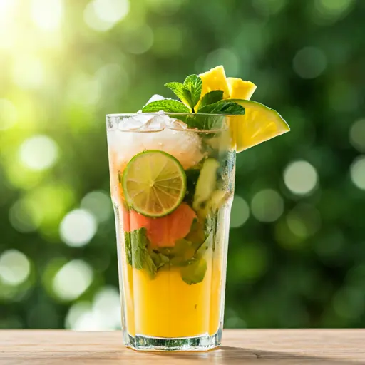 Refreshing Agua Fresca Delight : A refreshing light pink agua fresca in a glass, garnished with a lime wedge and fresh mint leaves, exuding a cool and hydrating vibe.