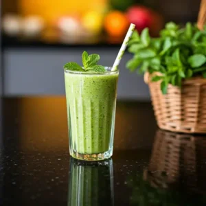 Refreshing Cucumber Mint Smoothie A pale green smoothie in a glass garnished with a cucumber slice and a sprig of fresh mint exuding cooling and refreshing vibes