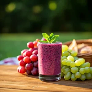 Refreshing Grape Smoothie A smooth purple smoothie in a glass topped with a cluster of fresh grapes and a sprig of mint exuding fruity and refreshing appeal