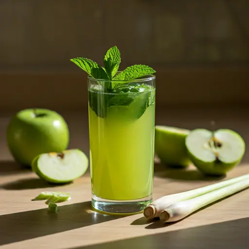 Refreshing Sweet Green Lemongrass Elixir A vibrant green juice in a glass garnished with a lemongrass stalk and a lime slice exuding a fresh and herbal essence