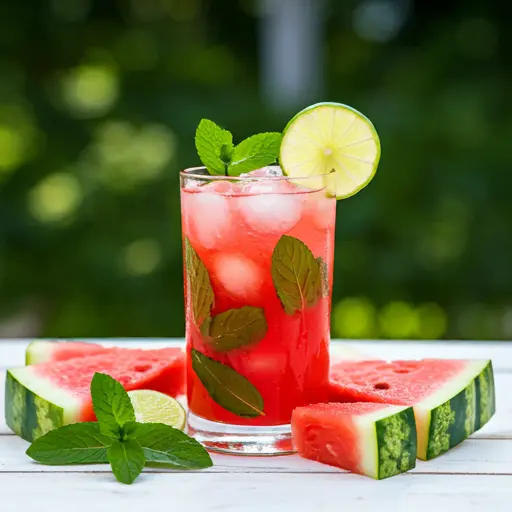 Refreshing Watermelon Delight The Ultimate Summer Sip A refreshing pink watermelon juice in a glass topped with a watermelon wedge and a sprig of mint exuding summer vibrancy