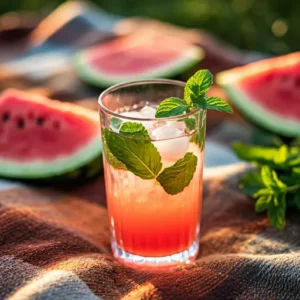 Refreshing Watermelon Mint Splash A vibrant pink drink in a glass garnished with a watermelon wedge and a sprig of mint exuding refreshing and summery vibes