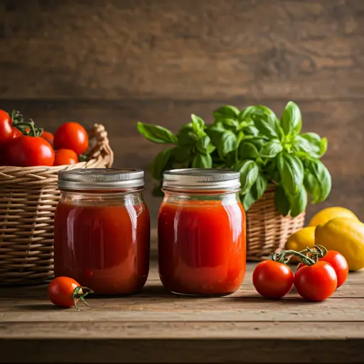 Savory Sunrise Canned Tomato Bliss : A rich and savory tomato juice served in a glass, garnished with a celery stalk and a sprinkle of black pepper.