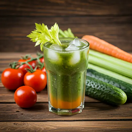 Savory Vegetable Cocktail : A vibrant red vegetable cocktail in a glass, garnished with a celery stalk and a slice of lime, showcasing savory flavors.