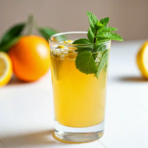 Soothing Citrus Breeze : A light orange drink in a glass, garnished with a slice of orange and a sprig of thyme, radiating calming citrus vibes.