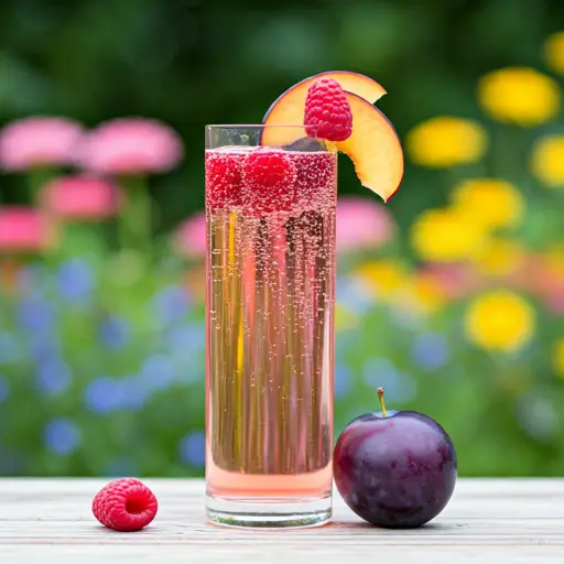 Sparkling Raspberry Plum Delight A sparkling ruby hued drink in a glass garnished with fresh raspberries and a plum slice exuding a vibrant and festive charm