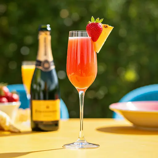 Sparkling Strawberry Pineapple Delight : A bubbly pink drink in a glass, garnished with a strawberry slice and a wedge of pineapple, sparkling with tropical sweetness.