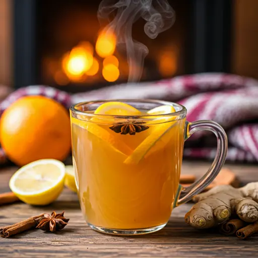 Spiced Citrus Winter Warmer A warm orange hued beverage in a mug garnished with an orange slice and a cinnamon stick exuding cozy and spiced winter vibes