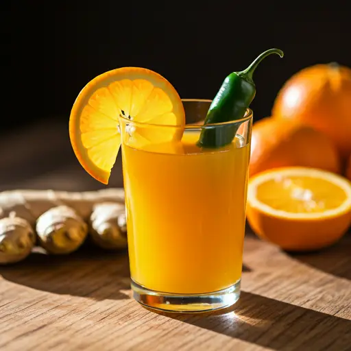 Spicy Citrus Delight : A bright orange drink in a glass, garnished with an orange slice and a sprinkle of chili flakes, radiating a spicy and citrusy allure.