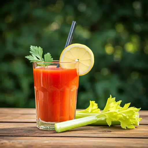 Spicy Tomato Elixir A rich red tomato elixir in a glass garnished with a celery stalk and a sprinkle of chili flakes exuding a bold and savory appeal