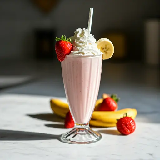 Strawberry Banana Bliss Milkshake : A creamy pink milkshake in a glass, topped with whipped cream, a fresh strawberry, and a banana slice, exuding a sweet and indulgent charm.