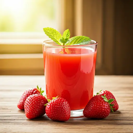 Summer Strawberry Bliss : A vibrant pink smoothie in a glass, topped with a fresh strawberry and a mint sprig, exuding refreshing summer vibes.