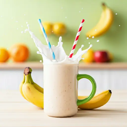 Sunny Banana Kids Smoothie : A creamy pale yellow smoothie in a glass, topped with colorful sprinkles and a banana slice, radiating fun and kid-friendly appeal.