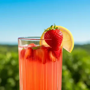 Sweet Summer Strawberry Lemonade A bright pink lemonade in a glass garnished with a fresh strawberry and a lemon slice exuding sweet and summery charm