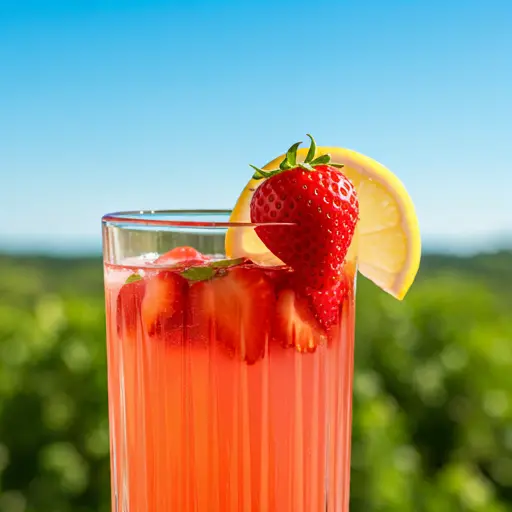 Sweet Summer Strawberry Lemonade : A bright pink lemonade in a glass, garnished with a fresh strawberry and a lemon slice, exuding sweet and summery charm.