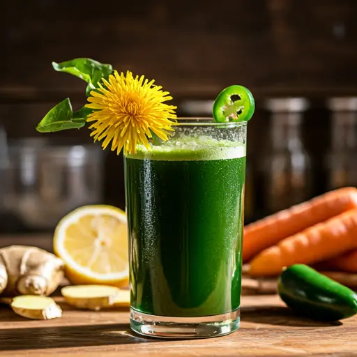 The Spicy Dandelion Delight : A golden-hued drink in a glass, garnished with a dandelion leaf and a sprinkle of chili flakes, exuding earthy warmth and spice.