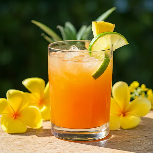 Tropical Carrot Pineapple Limeade A vibrant orange drink in a glass garnished with a lime wedge and pineapple slice exuding tropical freshness and zest