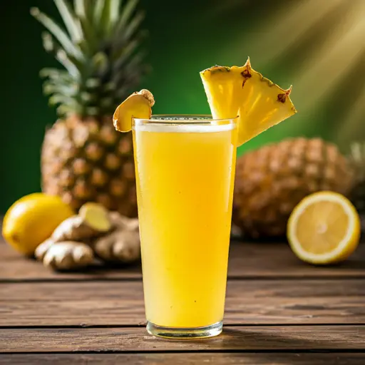 Tropical Ginger Zing A golden tropical drink in a glass garnished with a pineapple wedge and a twist of ginger bursting with vibrant zest