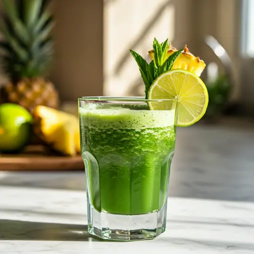 Tropical Green Elixir : A refreshing green drink in a glass, garnished with a pineapple wedge and a sprig of mint, radiating tropical vibrancy.