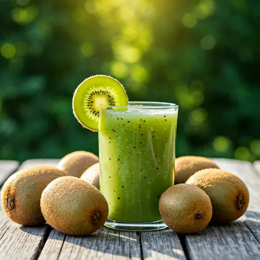 Tropical Kiwi Zest A vibrant green kiwi smoothie in a glass garnished with fresh kiwi slices and a sprig of mint