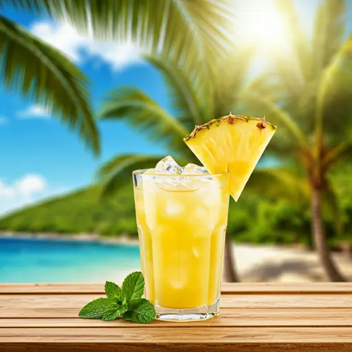 Tropical Pineapple Bliss : A creamy golden pineapple smoothie served in a chilled glass, topped with a pineapple wedge and a sprinkle of coconut flakes.