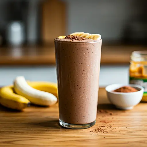 Velvety Chocolate Peanut Butter Banana Bliss A creamy chocolate brown smoothie in a glass topped with a banana slice a drizzle of peanut butter and a sprinkle of chocolate shavings exuding rich and velvety indulgence