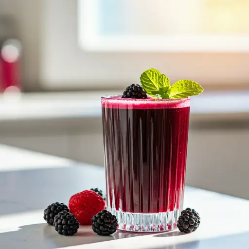 Vibrant Beet Berry Juice : A deep magenta juice in a glass, garnished with fresh berries and a beet slice, exuding bold and vibrant freshness.