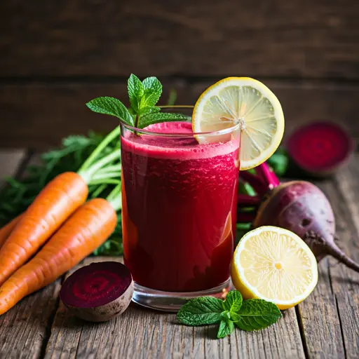 Vibrant Beet & Carrot Fusion : A rich and colorful beet and carrot juice in a glass, showcasing deep red and orange hues, garnished with a sprig of parsley.