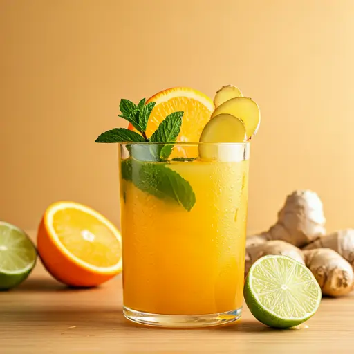 Vitality Citrus Elixir A bright citrus drink in a glass, garnished with an orange slice and a sprig of thyme, exuding refreshing vitality.