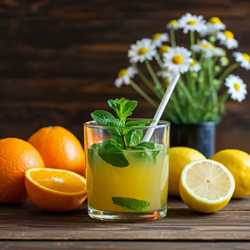 Zen Citrus Elixir : A serene yellow-orange drink in a glass, garnished with a lemon slice and a sprig of lavender, exuding a sense of calm and balance.