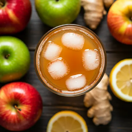 Zesty Apple Ginger Juice : A golden-yellow juice in a glass, garnished with an apple slice and a small piece of fresh ginger, exuding warmth and vibrant freshness.