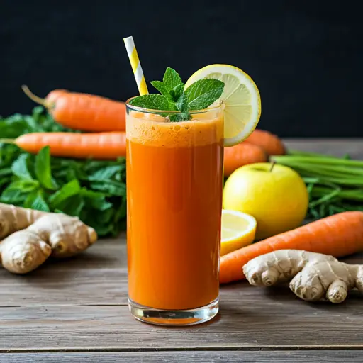 Zesty Carrot and Apple Elixir : A bright orange carrot and apple elixir in a glass, garnished with a thin apple slice and a sprig of mint.