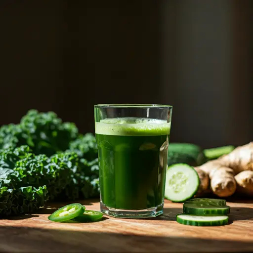 Zesty Green Elixir A bright green juice in a glass garnished with a slice of lime and a sprig of parsley exuding zesty and refreshing energy