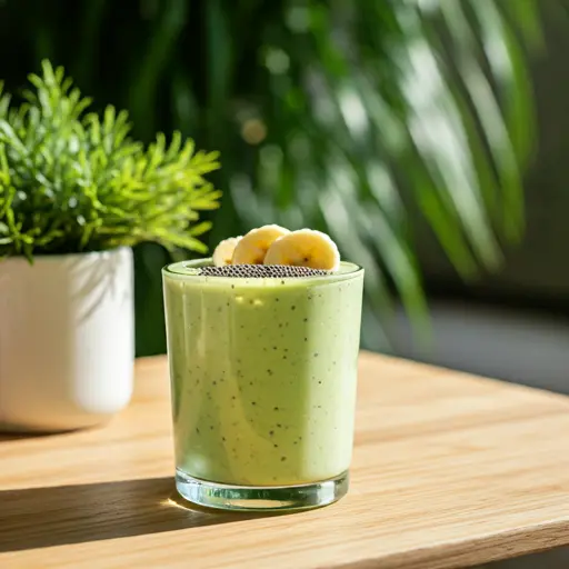 Avocado Dream Smoothie : A rich and creamy avocado smoothie in a glass, garnished with a slice of avocado and a sprinkle of chia seeds.