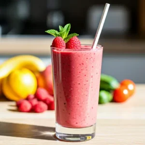 Berry Bliss Banana Smo othieA vibrant berry banana smoothie in a glass garnished with fresh berries and a banana slice