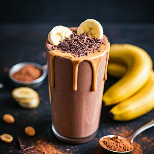 A rich and creamy Chocolate Banana Smoothie in a glass, garnished with chocolate shavings and banana slices.