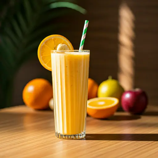 Citrus Banana Bliss Smoothie : A creamy citrus banana smoothie in a glass, garnished with an orange slice and banana.