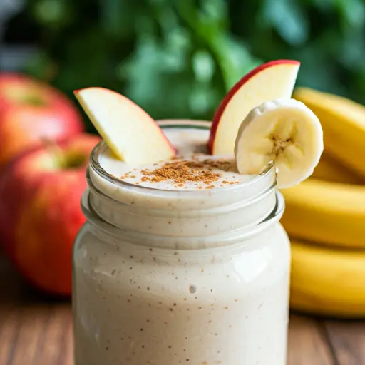 A creamy Apple Banana Smoothie in a glass topped with a sprinkle of cinnamon and fresh apple slices