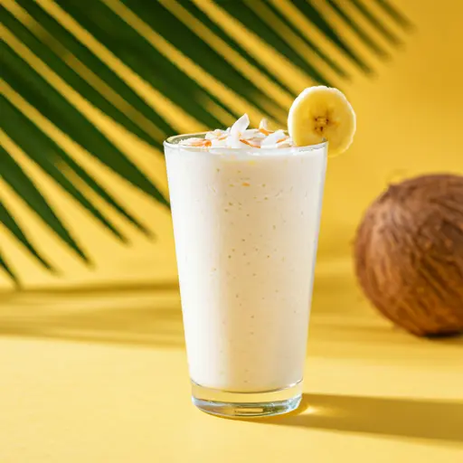 Creamy Coconut Bliss Smoothie A luscious coconut smoothie in a tall glass garnished with shredded coconut and a tropical touch