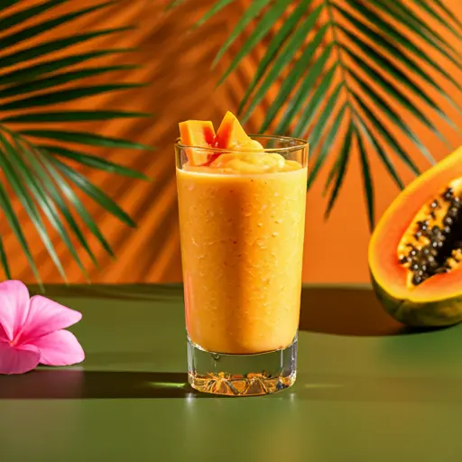 Creamy Papaya Smoothie Bliss : A creamy papaya smoothie in a glass, topped with fresh papaya slices and a sprinkle of chia seeds.