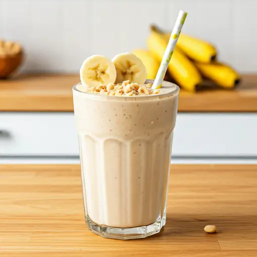 Creamy Peanut Butter Delight Smoothie A rich and creamy peanut butter smoothie in a tall glass topped with crushed peanuts