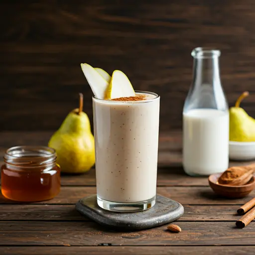 Creamy Pear Smoothie : A creamy pear smoothie in a glass, garnished with a pear slice and a sprinkle of cinnamon.