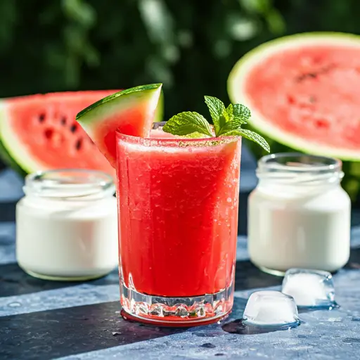 Creamy Watermelon Yogurt Smoothie : A creamy pink watermelon smoothie in a glass, topped with a swirl of yogurt and fresh mint.