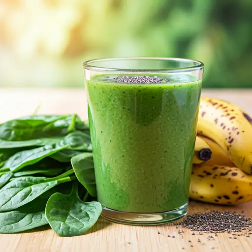 Emerald Vitality Smoothie : A rich green smoothie in a glass, garnished with fresh spinach leaves and a sprinkle of chia seeds.