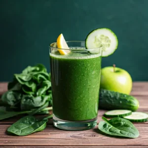 Energizing Green Smoothie : A vibrant green smoothie in a glass, garnished with fresh spinach leaves and chia seeds.